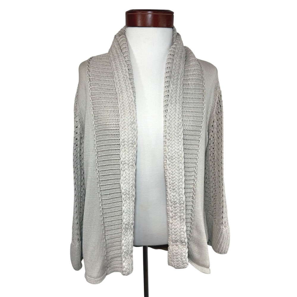 Elie Tahari Silk Cotton Open Front Cardigan Beige Braided‎ Cable Knit Coastal M